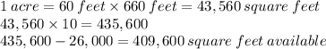 1 \: acre = 60 \: feet * 660\:feet = 43,560\:square\:feet\\43,560 * 10 = 435,600\\435,600 - 26,000 = 409,600 \:square \: feet\:available