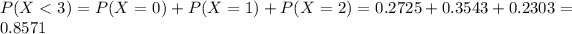 P(X < 3) = P(X = 0) + P(X = 1) + P(X = 2) = 0.2725 + 0.3543 + 0.2303 = 0.8571