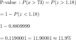 \text{P-value }: P(x>73)=P(z>1.18)\\\\=1-P(z<1.18)\\\\1-0.8809999\\\\=0.1190001=11.90001\approx11.9\%