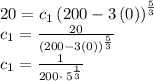 20=c_1\left(200-3\left(0\right)\right)^{(5)/(3)}\\c_1=\frac{20}{\left(200-3\left(0\right)\right)^{(5)/(3)}} \\c_1=\frac{1}{200\cdot \:5^{(1)/(3)}}