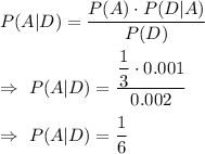 P(A|D)=(P(A)\cdot P(D|A))/(P(D))\\\\\Rightarrow\ P(A|D)=((1)/(3)\cdot0.001)/(0.002)\\\\\Rightarrow\ P(A|D)=(1)/(6)