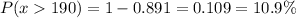 P(x > 190) = 1 - 0.891 = 0.109 = 10.9\%