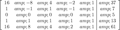 \left[\begin{array}c16&amp;-8&amp;4&amp;-2&amp;1&amp;37\\1&amp;-1&amp;1&amp;-1&amp;1&amp;7\\0&amp;0&amp;0&amp;0&amp;1&amp;5\\1&amp;1&amp;1&amp;1&amp;1&amp;13\\16&amp;8&amp;4&amp;2&amp;1&amp;61\end{array}\right]