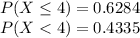 P(X\leq 4)=0.6284\\P(X<4)=0.4335