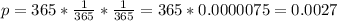 p = 365*(1)/(365)*(1)/(365) = 365*0.0000075 = 0.0027