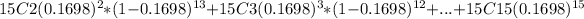 15C2 (0.1698)^2*(1-0.1698)^(13) +15C3 (0.1698)^3*(1-0.1698)^(12) +...+15C15 (0.1698)^(15)