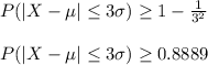 P(|X-\mu| \leq 3\sigma)\geq 1-(1)/(3^2)\\\\P(|X-\mu| \leq 3\sigma)\geq 0.8889