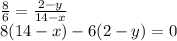 (8)/(6) =(2-y)/(14-x) \\8(14-x) - 6(2-y) = 0