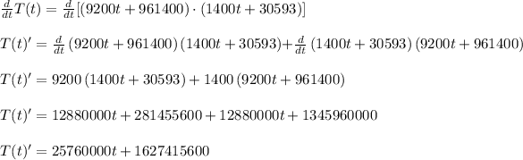 (d)/(dt)T(t)=(d)/(dt) [(9200t+961400)\cdot (1400t+30593)]\\\\T(t)'=(d)/(dt)\left(9200t+961400\right)\left(1400t+30593\right)+(d)/(dt)\left(1400t+30593\right)\left(9200t+961400\right)\\\\T(t)'=9200\left(1400t+30593\right)+1400\left(9200t+961400\right)\\\\T(t)'=12880000t+281455600+12880000t+1345960000\\\\T(t)'=25760000t+1627415600