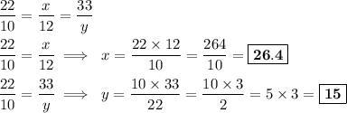 \displaystyle\\(22)/(10)=(x)/(12)=(33)/(y)\\\\(22)/(10)=(x)/(12)\implies~x=(22*12)/(10)=(264)/(10)=\boxed{\bf26.4}\\\\(22)/(10)=(33)/(y)\implies~y=(10*33)/(22)=(10*3)/(2)=5*3=\boxed{\bf15}