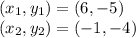 (x_ {1}, y_ {1}) = (6, -5)\\(x_ {2}, y_ {2}) = (- 1, -4)