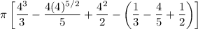 \displaystyle\pi\left[(4^3)/(3)-(4(4)^(5/2))/(5)+(4^2)/(2)-\left((1)/(3)-(4)/(5)+(1)/(2)\right)\right]