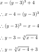 x=(y-3)^3+4 \\ \\ \therefore x-4=(y-3)^3 \\ \\ \therefore (y-3)^3=x-4 \\ \\ \therefore y-3=\sqrt[3]{x-4} \\ \\ \therefore y=\sqrt[3]{x-4}+3