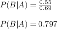 P(B|A) = (0.55)/(0.69)\\\\P(B|A) = 0.797