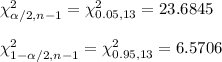 \chi^2_(\alpha/2, n-1)=\chi^2_(0.05,13)=23.6845\\\\\chi^2_(1-\alpha/2, n-1)=\chi^2_(0.95,13)=6.5706