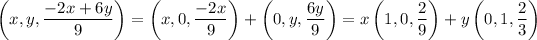 \left(x, y, (-2x+6y)/(9)\right) = \left(x, 0, (-2x)/(9)\right) + \left(0, y, (6y)/(9)\right) = x\left(1,0,(2)/(9)\right) + y\left(0, 1, (2)/(3)\right)