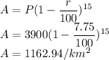 A=P(1-(r)/(100))^(15)\\A =3900(1-(7.75)/(100))^(15)\\A = 1162.94 / km^2