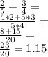 \frac {2} {5} + \frac {3} {4} =\\\frac {4 * 2 + 5 * 3} {5 * 4} =\\\frac {8 + 15} {20} =\\\frac {23} {20} = 1.15