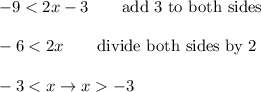 -9<2x-3\qquad\text{add 3 to both sides}\\\\-6<2x\qquad\text{divide both sides by 2}\\\\-3<x\to x>-3