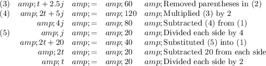 \begin{array}{lrcll}(3) &amp; t+ 2.5j &amp; = &amp; 60 &amp;\text{Removed parentheses in (2)}\\(4)&amp; 2t + 5j &amp; = &amp; 120 &amp;\text{Multiplied (3) by 2}\\&amp; 4j &amp; = &amp; 80 &amp;\text{Subtracted (4) from (1)}\\(5)&amp; j &amp; = &amp; 20 &amp;\text{Divided each side by 4} \\&amp; 2t + 20&amp; = &amp; 40 &amp; \text{Substituted (5) into (1)} \\&amp;2t &amp; = &amp; 20 &amp; \text{Subtracted 20 from each side}\\&amp; t &amp; = &amp; 20 &amp; \text{Divided each side by 2}\\\end{array}