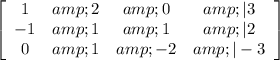 \left[\begin{array}{cccc}1&amp;2&amp;0&amp;|3\\-1&amp;1&amp;1&amp;|2\\0&amp;1&amp;-2&amp;|-3\end{array}\right]