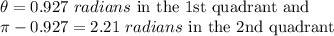 \theta = 0.927\ radians\text{\ in the 1st quadrant and}\\\pi-0.927=2.21\ radians\text{\ in the 2nd quadrant}