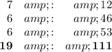 \begin{array}{rcr}7 &amp;: &amp; 12\\6 &amp; : &amp; 46\\6 &amp; : &amp; 53\\\mathbf{19} &amp;:&amp; \mathbf{111}\\\end{array}