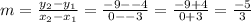 m=(y_2-y_1)/(x_2-x_1) =(-9--4)/(0--3)=(-9+4)/(0+3)=(-5)/(3)