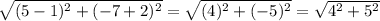 \sqrt{(5-1)^(2)+(-7+2)^(2) } =\sqrt{(4)^(2)+(-5)^(2) } =\sqrt{4^(2)+5^(2) }