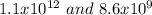 1.1x10^(12)\ and\ 8.6x10^9