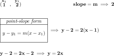 \bf (\stackrel{x_1}{1}~,~\stackrel{y_1}{2})~\hspace{10em} slope = m\implies 2 \\\\\\ \begin{array} \cline{1-1} \textit{point-slope form}\\ \cline{1-1} \\ y-y_1=m(x-x_1) \\\\ \cline{1-1} \end{array}\implies y-2=2(x-1) \\\\\\ y-2=2x-2\implies y=2x