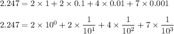 2.247=2* 1+2* 0.1+4* 0.01+7* 0.001\\ \\2.247=2* 10^0+2* (1)/(10^1)+4* (1)/(10^2)+7* (1)/(10^3)