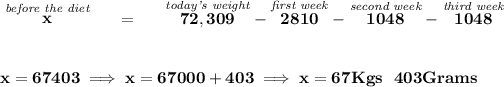 \bf \stackrel{\textit{before the diet}}{x}~~~~=~~~~\stackrel{\textit{today's weight}}{72,309}-\stackrel{\textit{first week}}{2810}-\stackrel{\textit{second week}}{1048}-\stackrel{\textit{third week}}{1048} \\\\\\ x=67403\implies x=67000+403\implies x=67Kgs~~ 403Grams