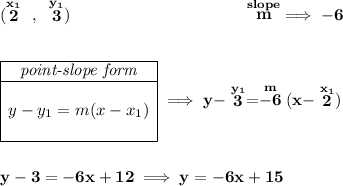 \bf (\stackrel{x_1}{2}~,~\stackrel{y_1}{3})~\hspace{10em} \stackrel{slope}{m}\implies -6 \\\\\\ \begin{array}ll \cline{1-1} \textit{point-slope form}\\ \cline{1-1} \\ y-y_1=m(x-x_1) \\\\ \cline{1-1} \end{array}\implies y-\stackrel{y_1}{3}=\stackrel{m}{-6}(x-\stackrel{x_1}{2}) \\\\\\ y-3=-6x+12\implies y=-6x+15