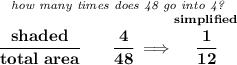 \bf \stackrel{\textit{how many times does 48 go into 4?}}{\cfrac{shaded}{total~area}\qquad \cfrac{4}{48}\implies \stackrel{simplified}{\cfrac{1}{12}}}