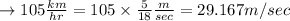 \rightarrow 105 (km)/(hr) = 105 * (5)/(18) (m)/(sec) = 29.167 m/sec