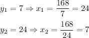 y_1=7\Rightarrow x_1=(168)/(7)=24\\ \\y_2=24\Rightarrow x_2=(168)/(24)=7
