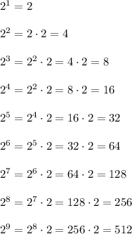 2^1=2\\ \\2^2=2\cdot 2=4\\ \\2^3=2^2\cdot 2=4\cdot 2=8\\ \\2^4=2^2\cdot 2=8\cdot 2=16\\ \\2^5=2^4\cdot 2=16\cdot 2=32\\ \\2^6=2^5\cdot 2=32\cdot 2=64\\ \\2^7=2^6\cdot 2=64\cdot 2=128\\ \\2^8=2^7\cdot 2=128\cdot 2=256\\ \\2^9=2^8\cdot 2=256\cdot 2=512