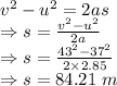 v^2-u^2=2as\\\Rightarrow s=(v^2-u^2)/(2a)\\\Rightarrow s=(43^2-37^2)/(2* 2.85)\\\Rightarrow s=84.21\ m