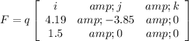 F= q \left[\begin{array}{ccc}i&amp;j&amp;k\\4.19&amp;-3.85&amp;0\\1.5&amp;0&amp;0\end{array}\right]