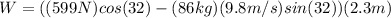 W=((599N)cos(32)-(86kg)(9.8m/s)sin(32))(2.3m)