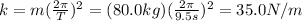 k=m((2\pi)/(T))^2=(80.0 kg)((2\pi)/(9.5 s))^2=35.0 N/m