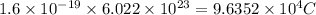 1.6* 10^(-19)* 6.022* 10^(23)=9.6352* 10^4C