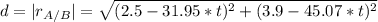 d = |r_(A/B)| = \sqrt{(2.5 -31.95*t)^(2)+(3.9-45.07*t)^(2)}