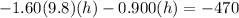 -1.60(9.8)(h) - 0.900(h) = - 470