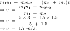 m_1u_1\ +\ m_2u_2\ =\ (m_1\ +\ m_2)v\\\Rightarrow v\ =\ (m_1u_1\ +\ m_2u_2)/(m_1\ +\ m_2)\\\Rightarrow v\ =\ (5* 3\ -\ 1.5* 1.5)/(5\ +\ 1.5)\\\Rightarrow v\ =\ 1.7\ m/s.