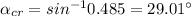 \alpha_(cr)= sin^(- 1)0.485 = 29.01^(\circ)