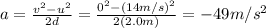 a=(v^2-u^2)/(2d)=(0^2-(14 m/s)^2)/(2(2.0 m))=-49 m/s^2