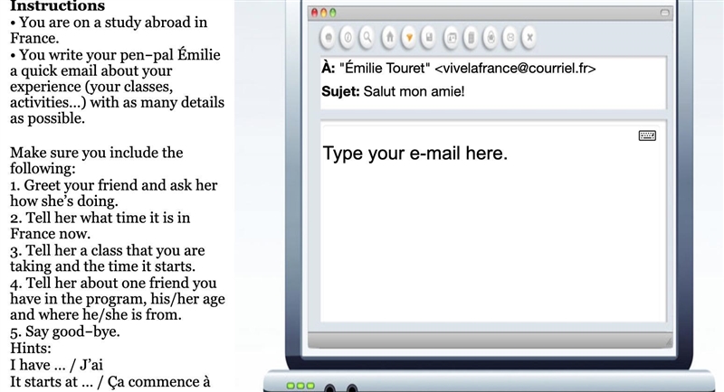 Writing Test You are on study abroad in France. You write your pen-pal a quick email-example-1