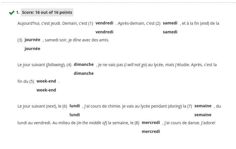 Aujourd'hui, c'est jeudi. Demain, c'est (1) . Après-demain, c'est (2) , et à la fin-example-1